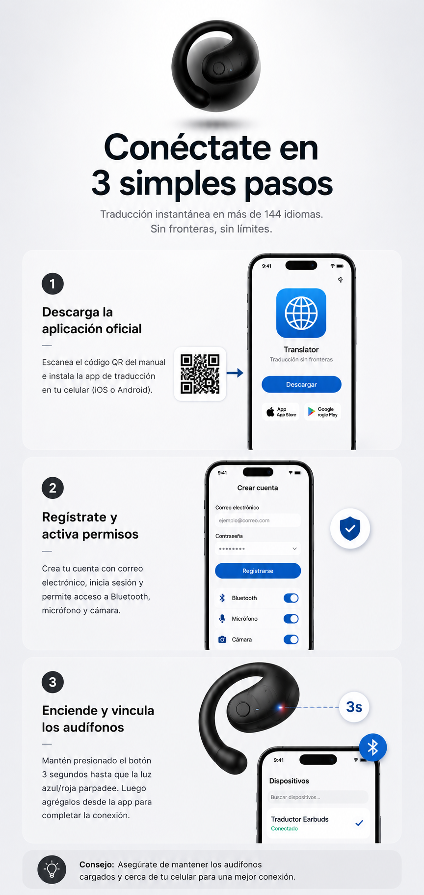 Audífonos Traductores Inteligentes +144 Idiomas – Traducción en Tiempo Real en tus Oídos + Obsequio